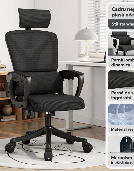 Scaun Ergonomic Reglabil pentru Birou si Gaming, Negru Dark